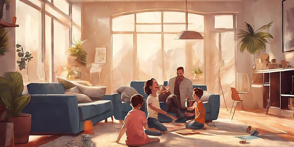 счастливая семья наслаждается новым теплым полом в современной гостиной