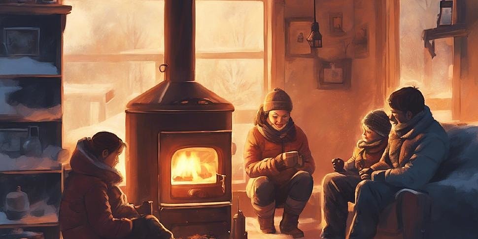 счастливая семья согревается в своем доме зимой, с силуэтом твердотопливного котла на заднем плане