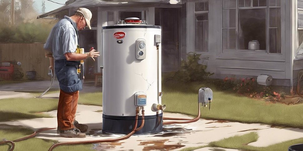 озадаченный владелец дома смотрит на течь водонагревателя, пытаясь ее устранить