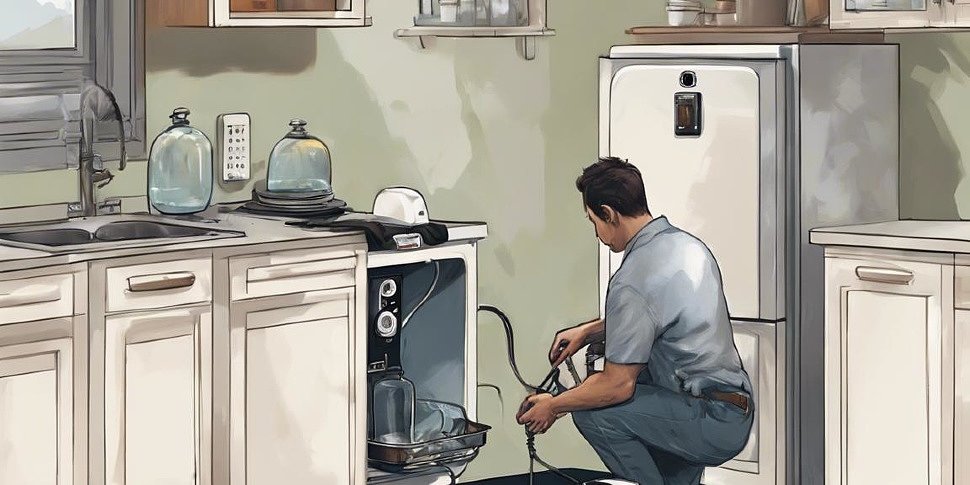 человек подключает электрический водонагреватель к розетке на современной кухне