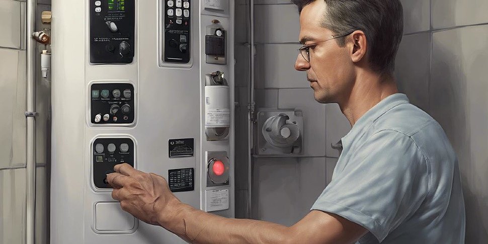 человек регулирует настройки на цифровой панели управления водонагревателя