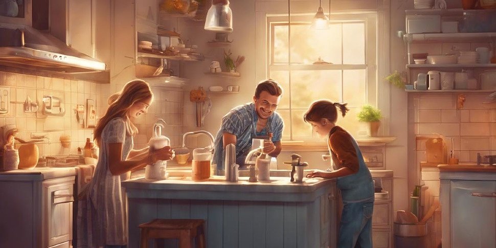 счастливая семья наслаждается теплой водой из крана на уютной кухне