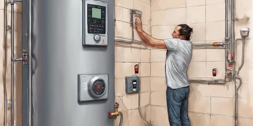 человек регулирует температуру на цифровой панели управления водонагревателя