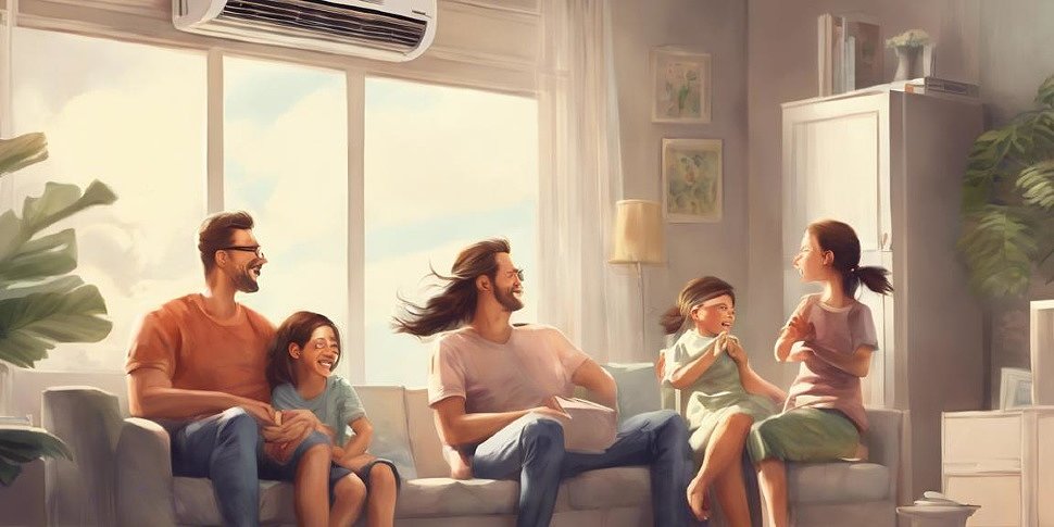 Счастливая семья наслаждается прохладным ветерком от кондиционера дома