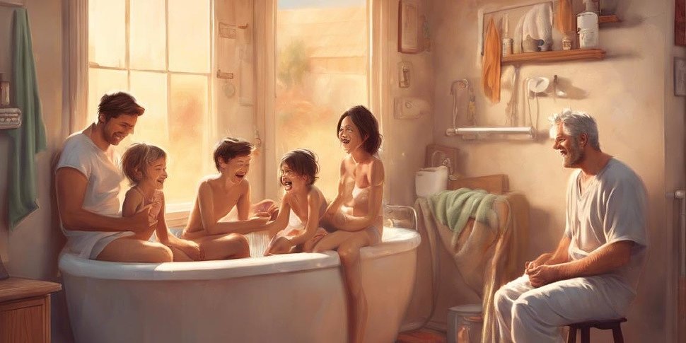 счастливая семья в полотенцах наслаждается теплом своего дома с видимым водонагревателем