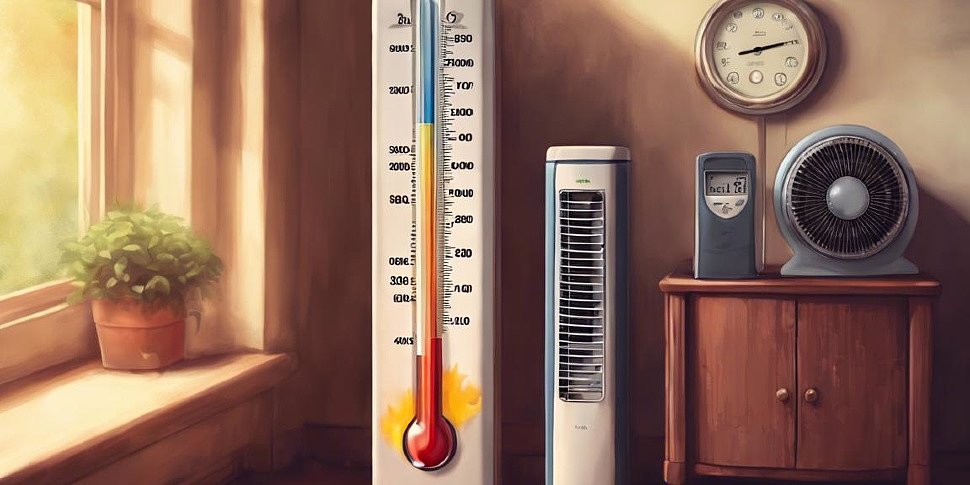 термометр, показывающий комфортную температуру рядом с хорошо работающим кондиционером