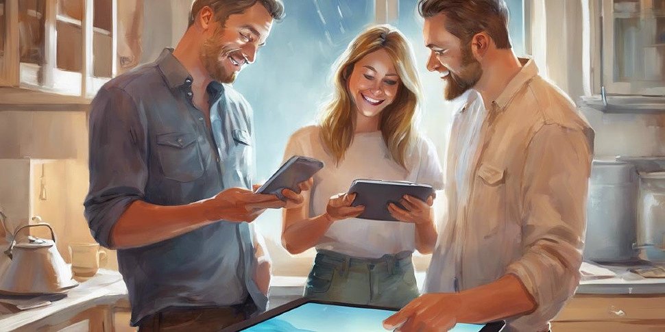 счастливая пара принимает решение, глядя на онлайн-каталог водонагревателей на планшете