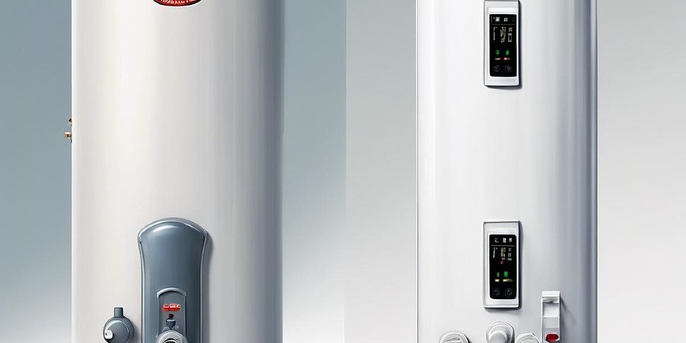 электрический и газовый водонагреватели рядом для сравнения на белом фоне