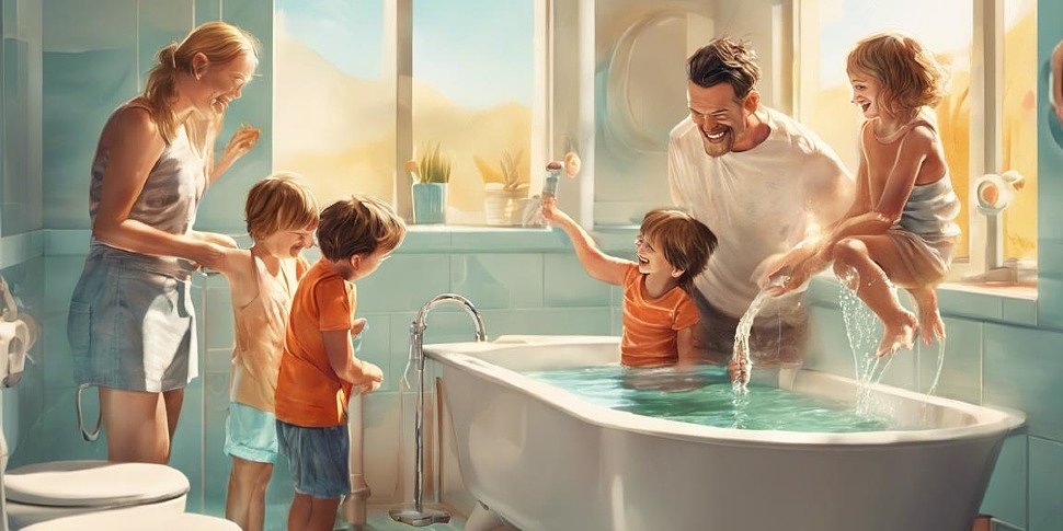 счастливая семья наслаждается теплой водой из крана в светлой, современной ванной комнате