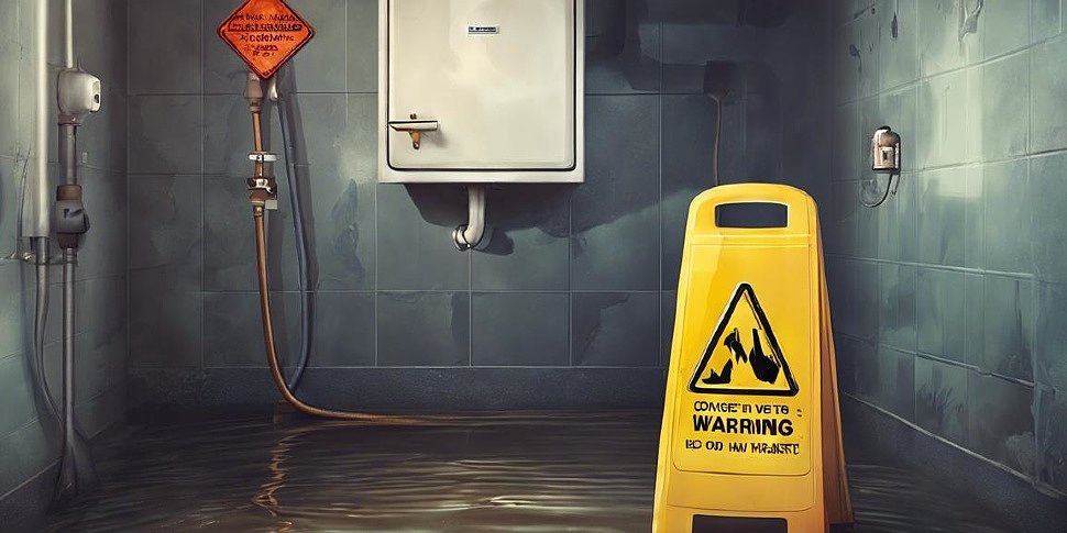 предупреждающий знак над затопленным полом рядом с водонагревателем
