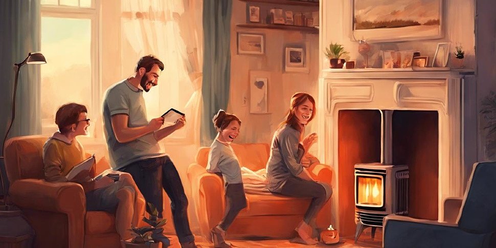 счастливая семья наслаждается теплом в уютной комнате с новым отопительным радиатором