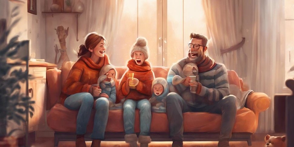 счастливая семья согревается дома, наслаждаясь теплом от стильного радиатора
