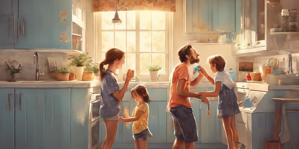 счастливая семья наслаждается теплой водой из крана на светлой кухне