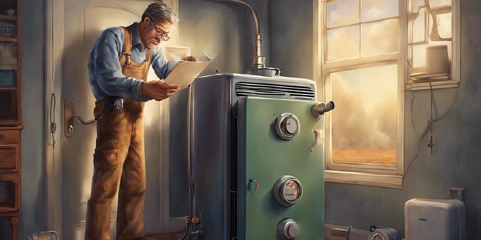 озадаченный владелец дома смотрит на газовый котел с открытой инструкцией, символизируя устранение неполадок