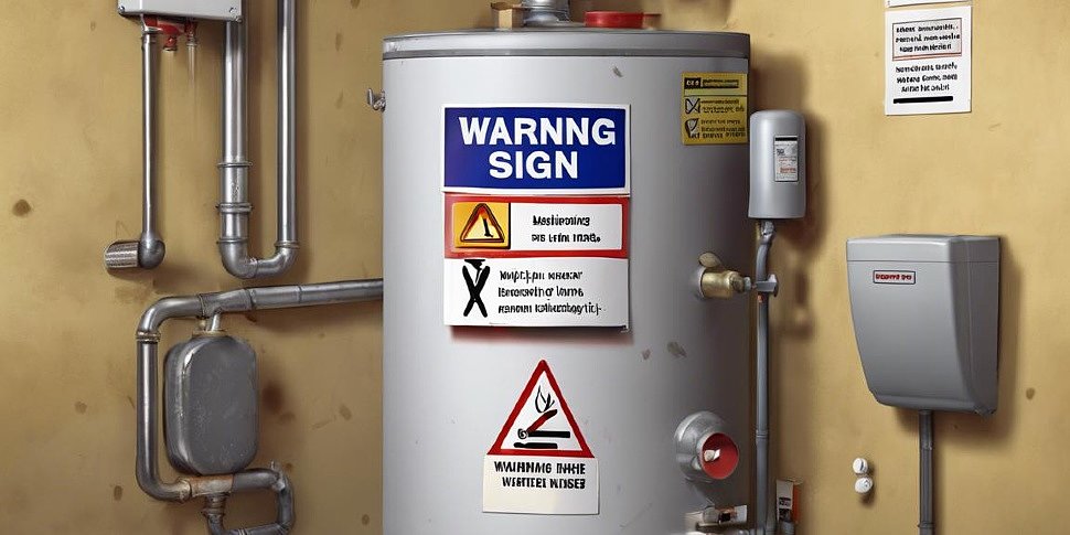 знак предупреждения над водонагревателем с перечислением частых ошибок