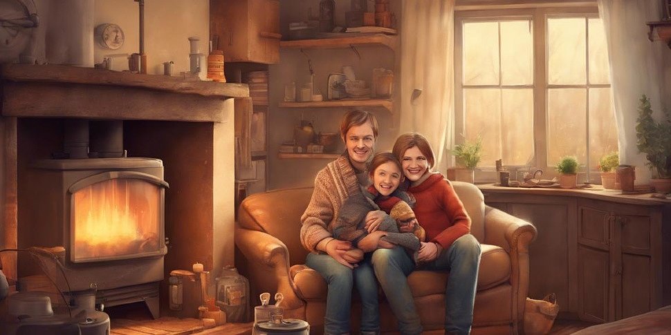 счастливая семья в теплом и уютном доме с газовым котлом на заднем плане, символизирующая успешную работу