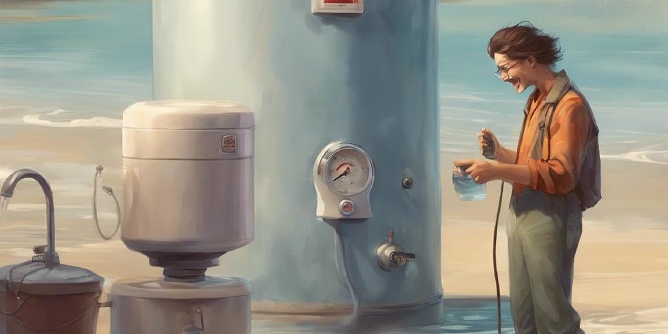 человек проверяет температуру воды с довольным выражением лица, водонагреватель на заднем плане