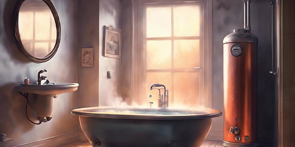 уютная ванная комната с видимым водонагревателем, пар поднимается от горячей ванны