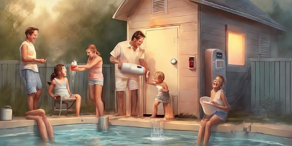 счастливая семья наслаждается теплой водой из своего нового проточного водонагревателя