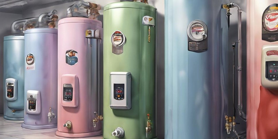 различные типы водонагревателей, представленные в выставочном зале