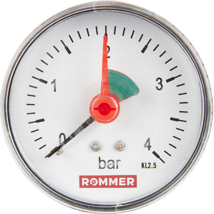Манометр аксиальный Rommer 63 мм, 0-4 бар, 1/4 с указателем предела