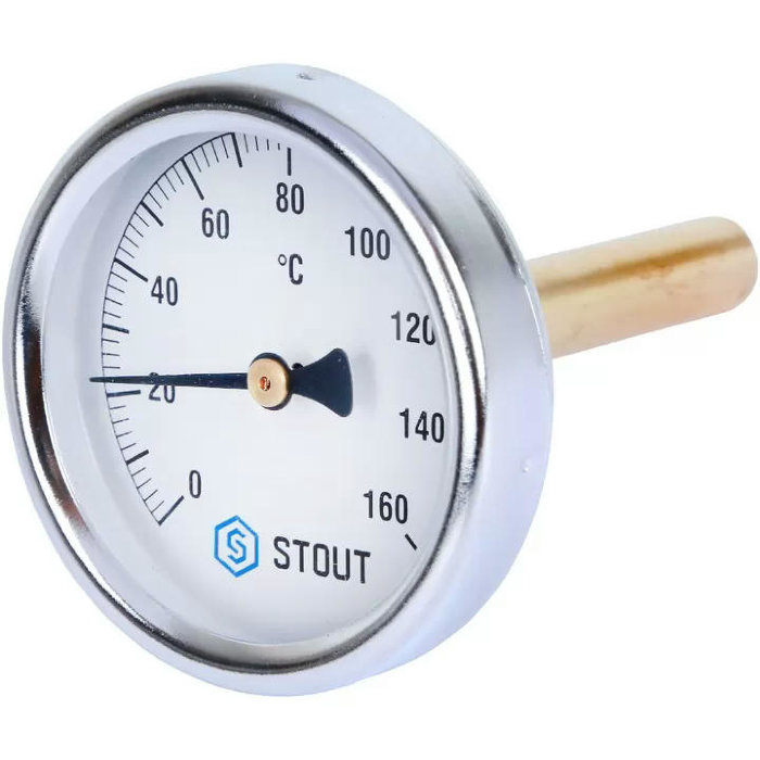 Термометр биметаллический с погружной гильзой Stout, корпус 63 мм, гильза 75 мм, 0-160С